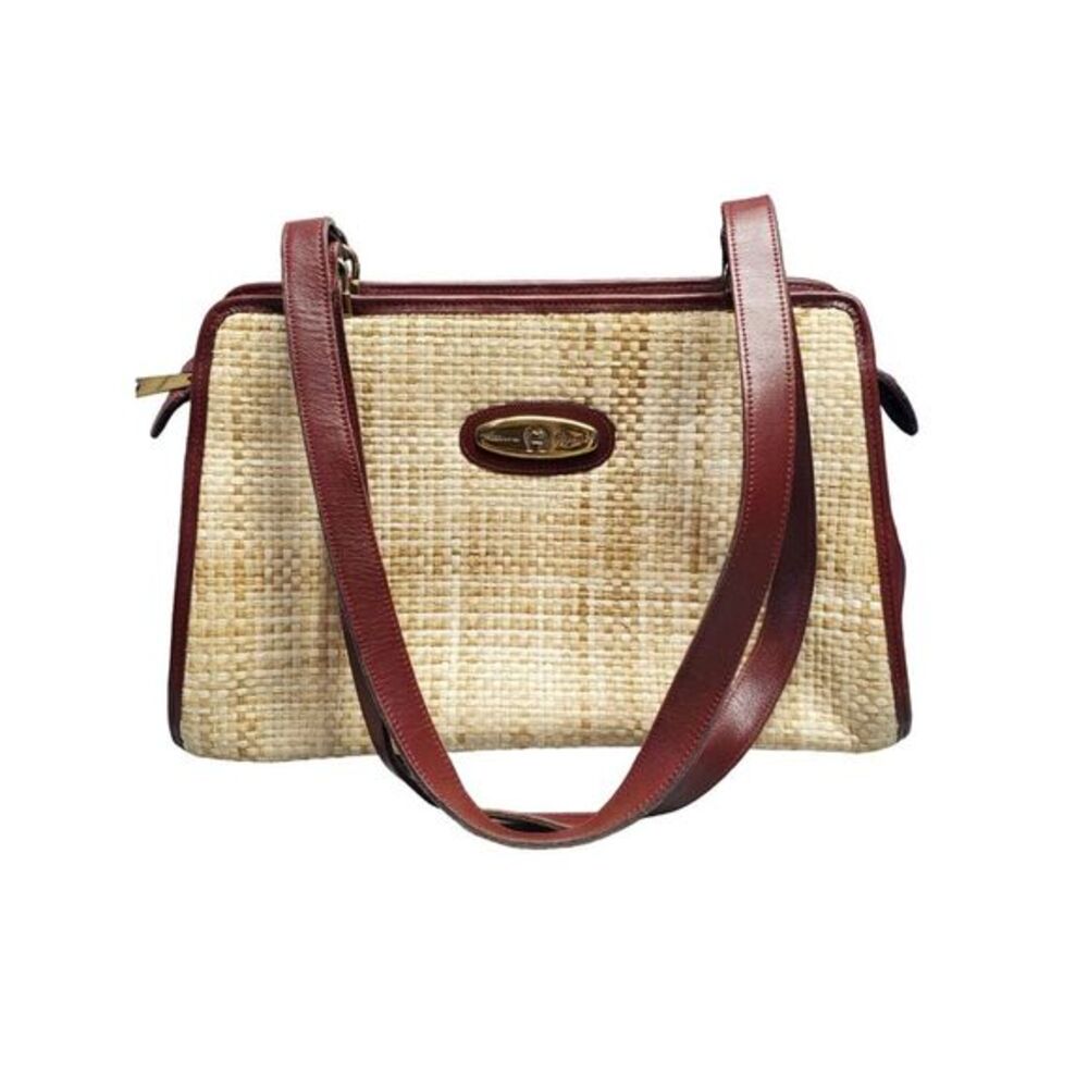 Etienne Aigner Shoulder Bag Womens‎ Tan Red Knitted Woven Jute Straw Leather